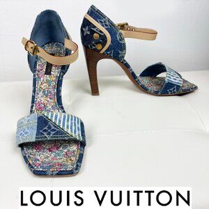 Vintage Louis Vuitton Blue Denim Monogram Heels | Unique Patchwork | S 38.5 EUC